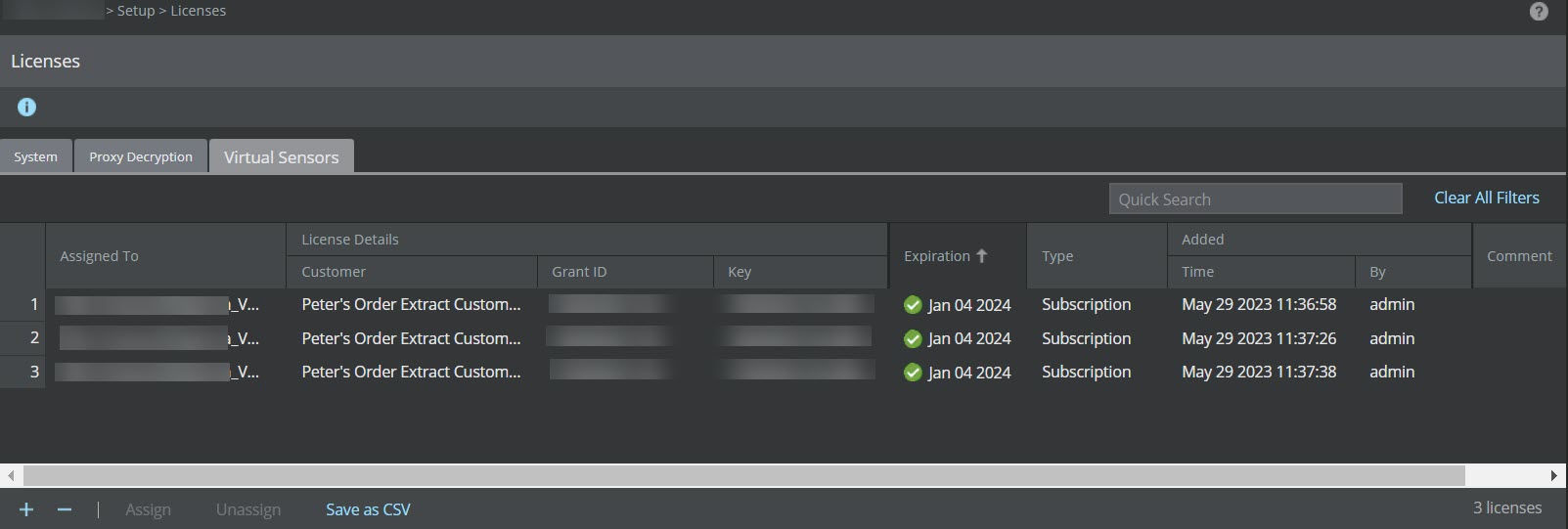 Licenses page