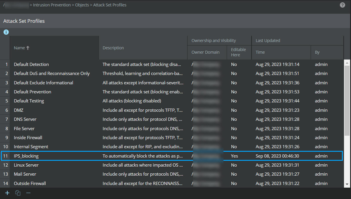 Attack set profile configured with the user-defined blocking criteria