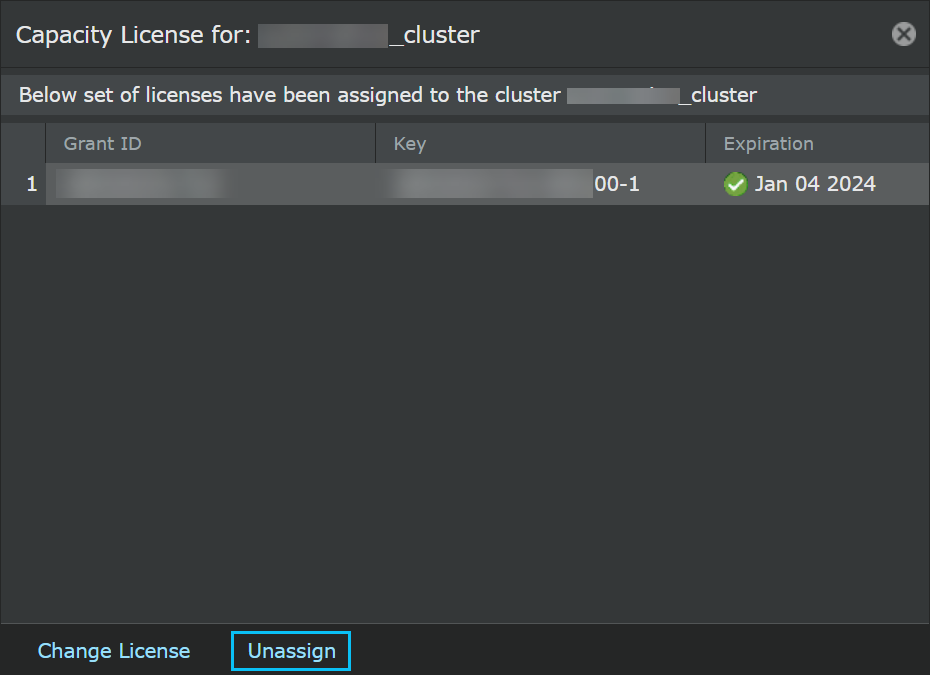 Capacity license for: <Cluster_Name> window : Unassigning licenses