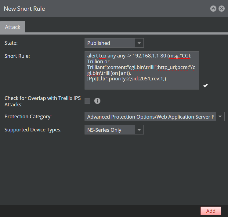 Add Snort Rule window