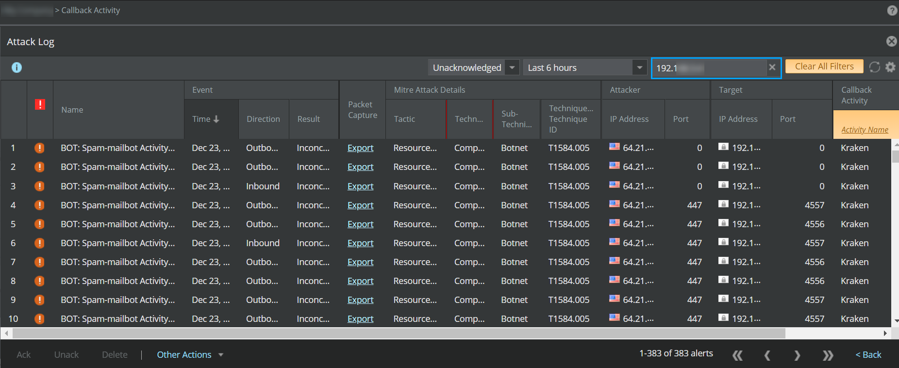 IP address related alerts in Attack Log