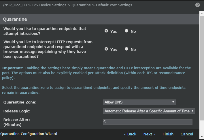 Quarantine settings using the wizard