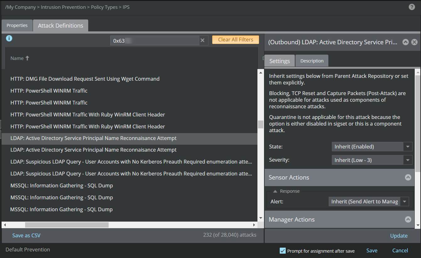 SmartVision attack details configuration in Manager