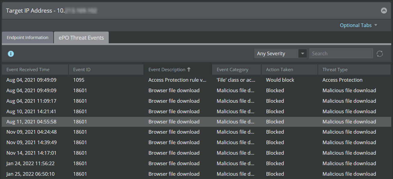 ePO Threat Events sub-tab