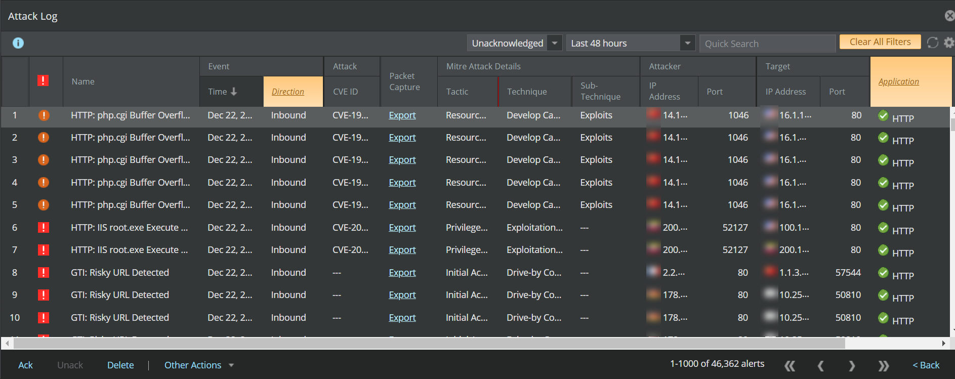 Attack log with filters