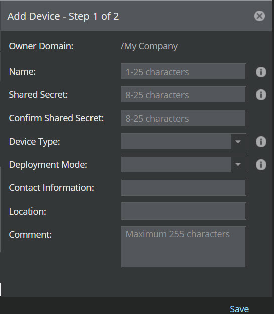 Add Device - Step 1 of 2 panel