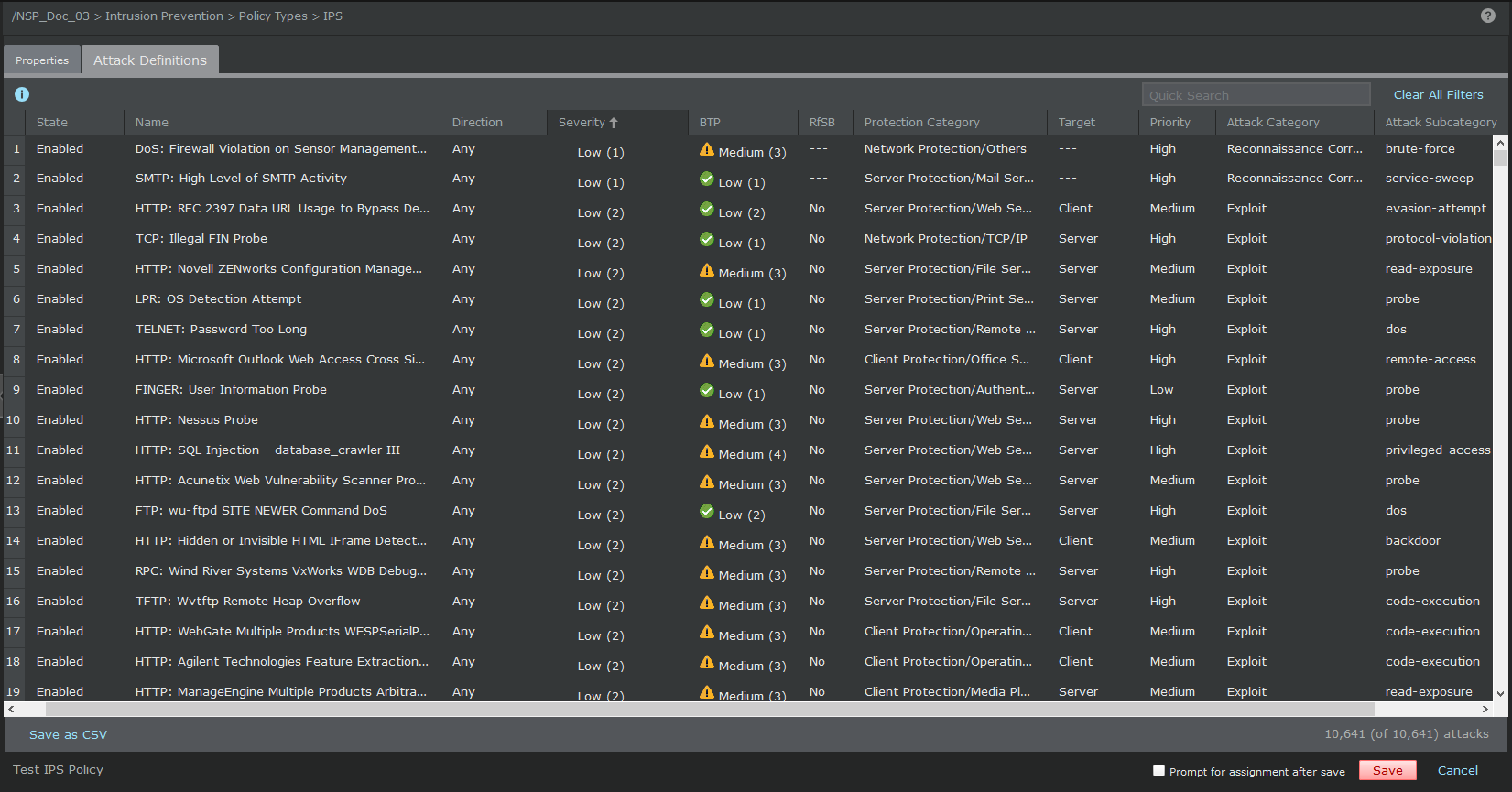 Attack Definitions tab