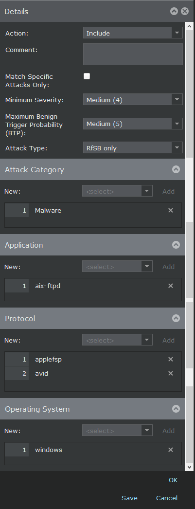 Details panel on Attacks to Include/Exclude tab