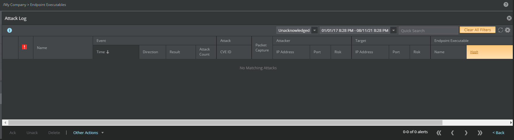 Selected hash alerts in Attack Log