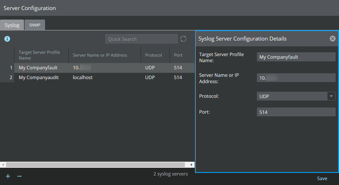 Syslog Server Configuration Details