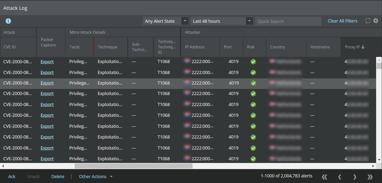 Attack Log page shows the original attacker IP address