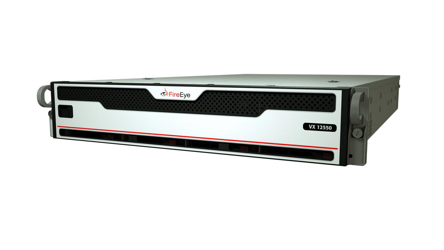Front view of a FireEye VX 12550 rack appliance — silver front panel with FireEye logo and a visible VX 12550 label, shown low on the page