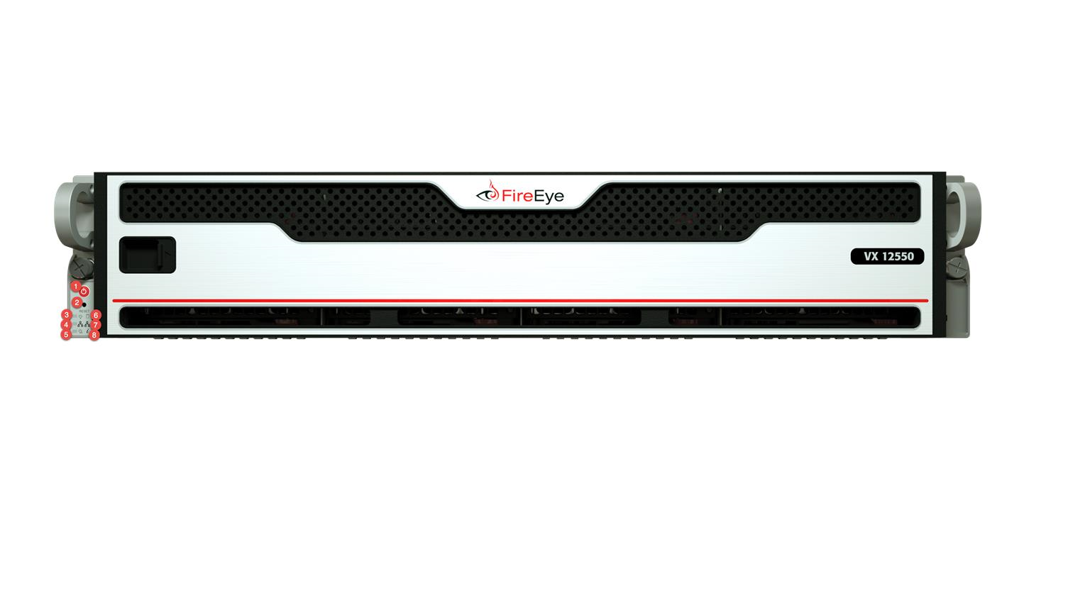 Front view of the VX 12550 appliance showing the white front panel with FireEye logo and front bezel