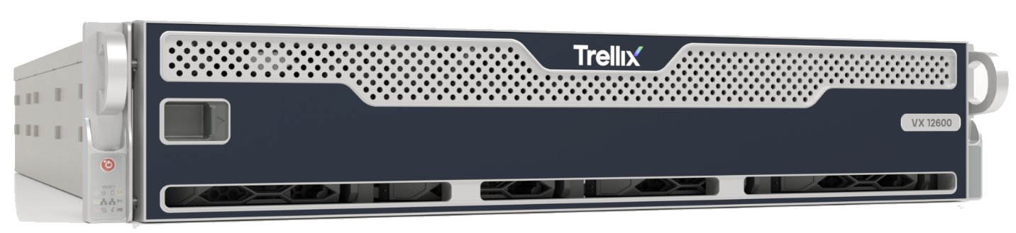 Front view of the Trellix VX 12600 rack‑mounted appliance with a dark blue front panel and Trellix logo