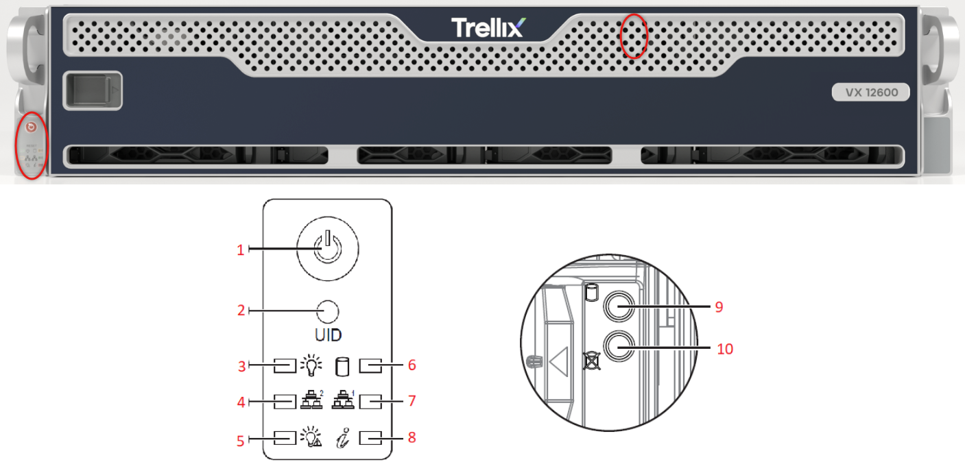 Front view of VX 12600 appliance showing Trellix front bezel, power button area, and labeled vents