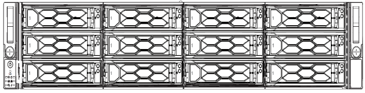 Front view line drawing of the chassis showing multiple hot-swappable disk drive carriers arranged in rows and columns (front bezel view of the appliance), including left-side control panel and handle release areas.