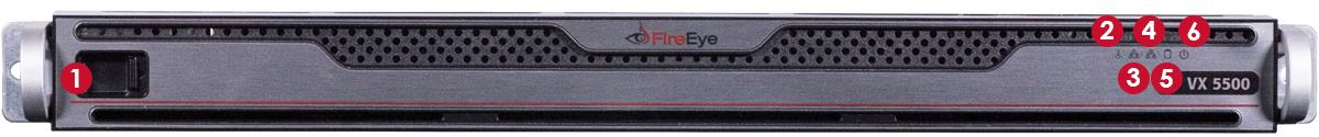 Front bezel of the FireEye VX 5500 appliance showing the removable bezel and numbered indicator labels (1–6) across the front panel
