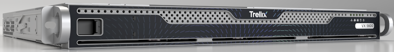 Perspective photo of the Trellix VX 5600 rack appliance showing the front-left corner and front panel with Trellix logo