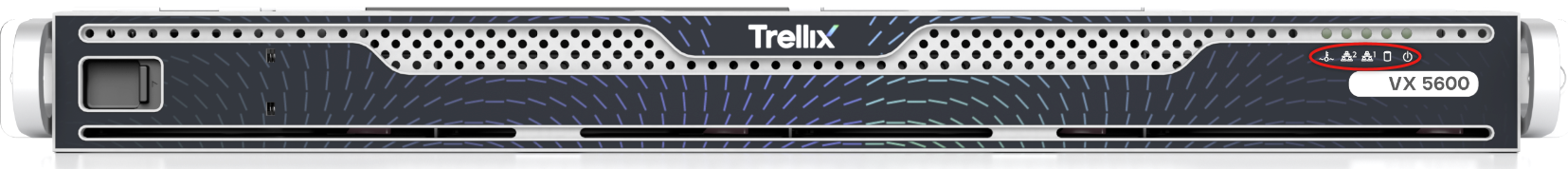 Front view close-up of the Trellix VX 5600 front panel showing status LEDs, perforated bezel, and VX 5600 label