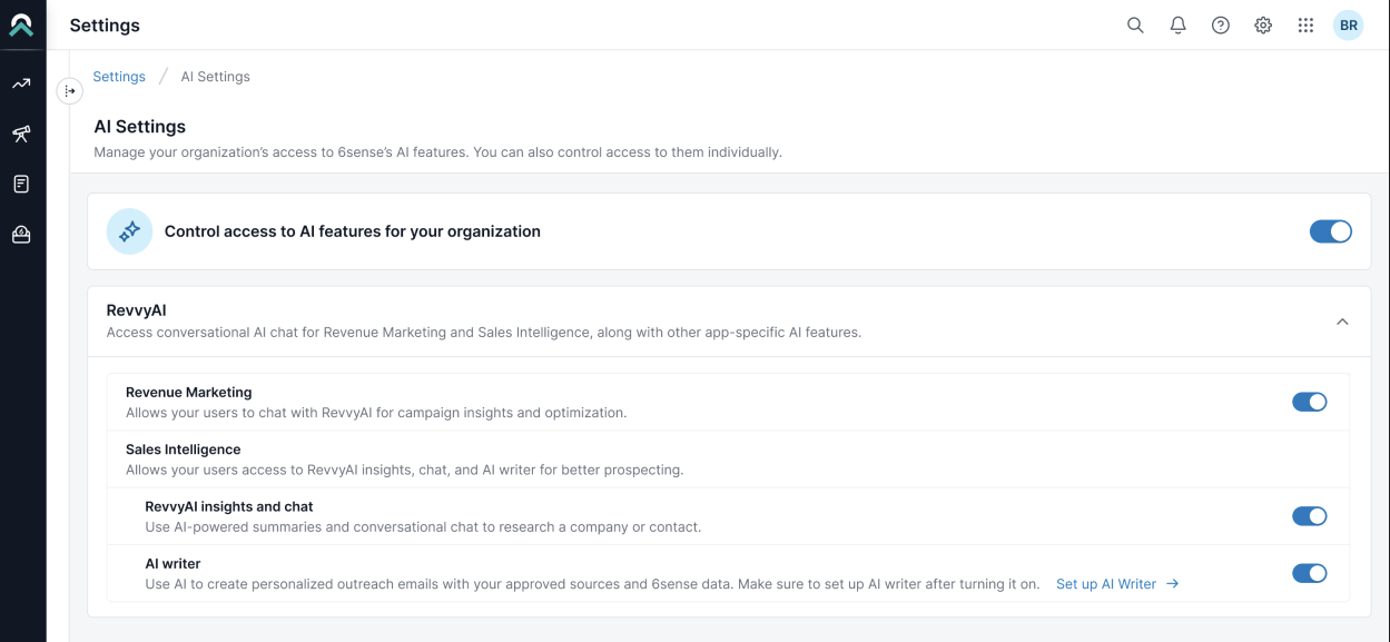 Settings AI Settings screen showing an organization-level control banner and a RevvyAI section with individual toggles for Revenue Marketing, Sales Intelligence, RevvyAI insights and chat, and AI writer.