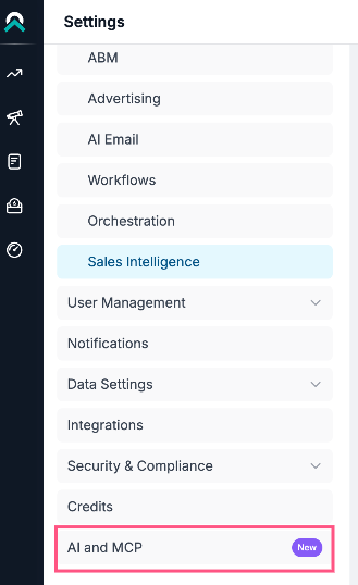 Settings menu displaying various options including highlighted Sales Intelligence feature.