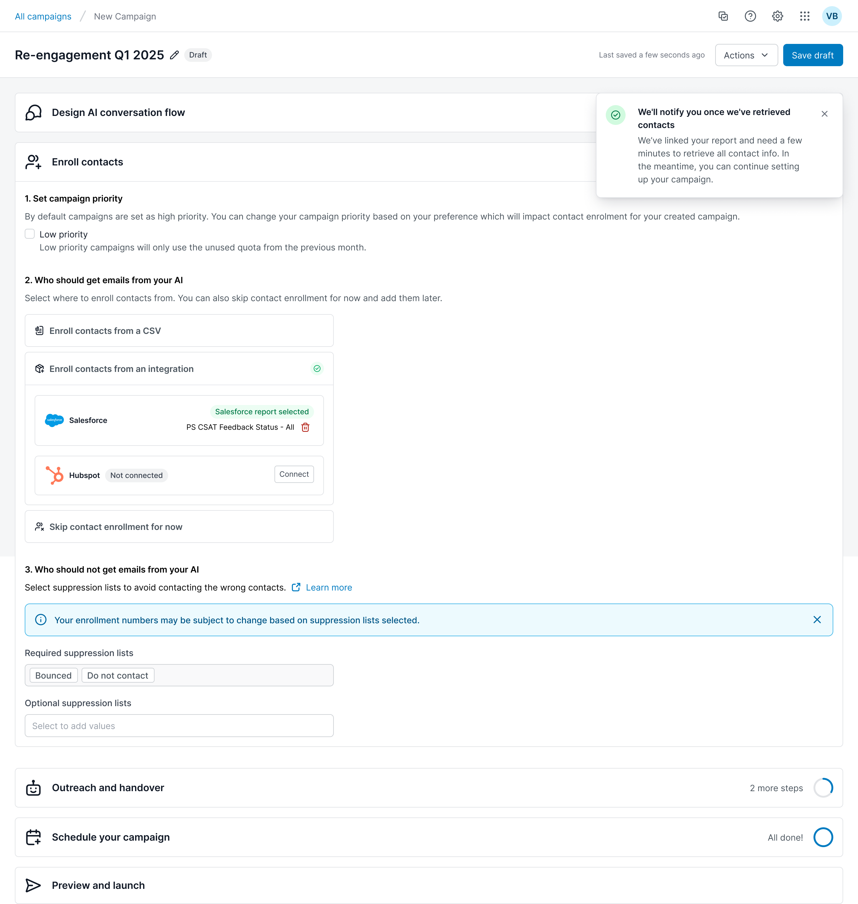 Campaign setup interface showing contact enrollment options and suppression list warnings.