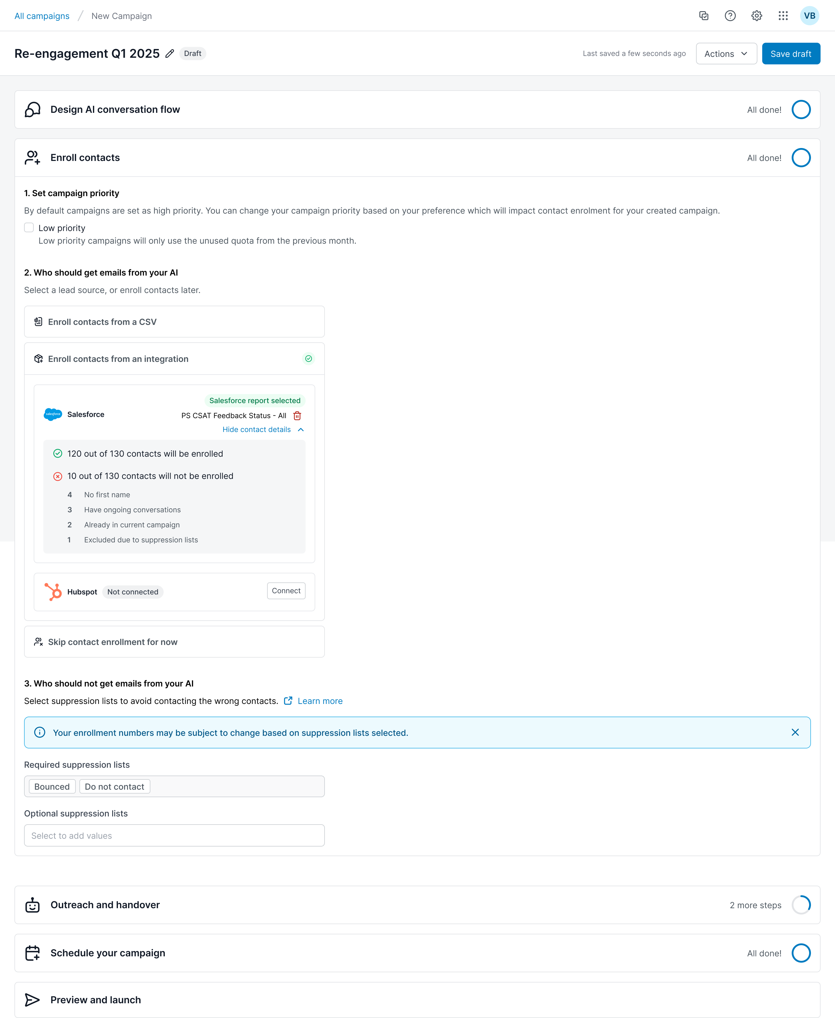 Campaign setup interface showing contact enrollment and suppression list options.