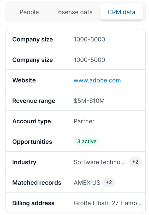 CRM data overview including company size, revenue range, and active opportunities.