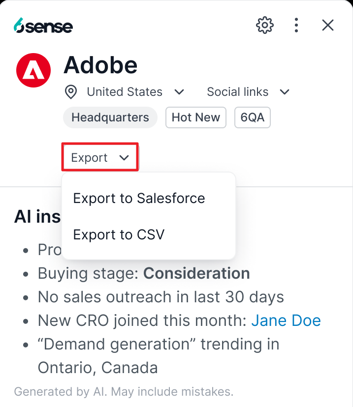 Adobe's export options include Salesforce and CSV for data management.