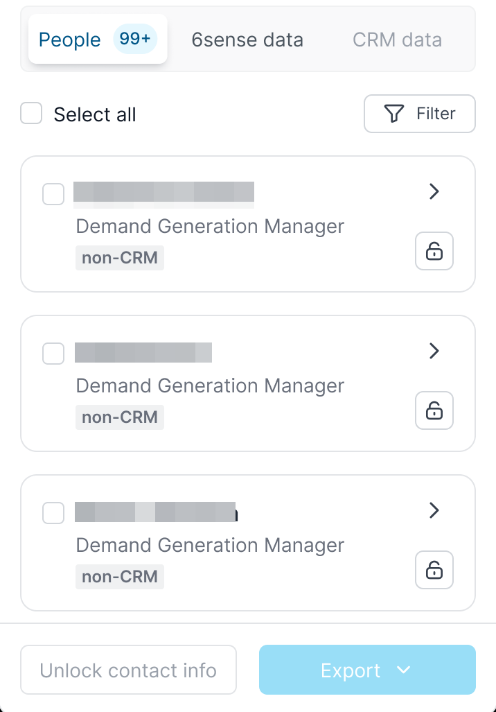 List of Demand Generation Managers with options to select and export contact information.