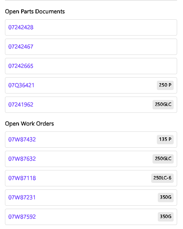 List of open parts documents and work orders with associated codes and quantities.