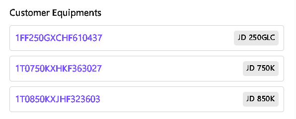 List of customer equipment with corresponding JD values for each item.