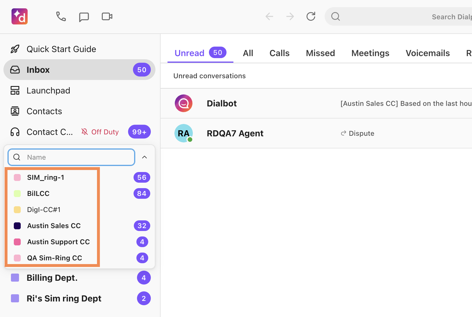 Contact Center abbreviations in the app