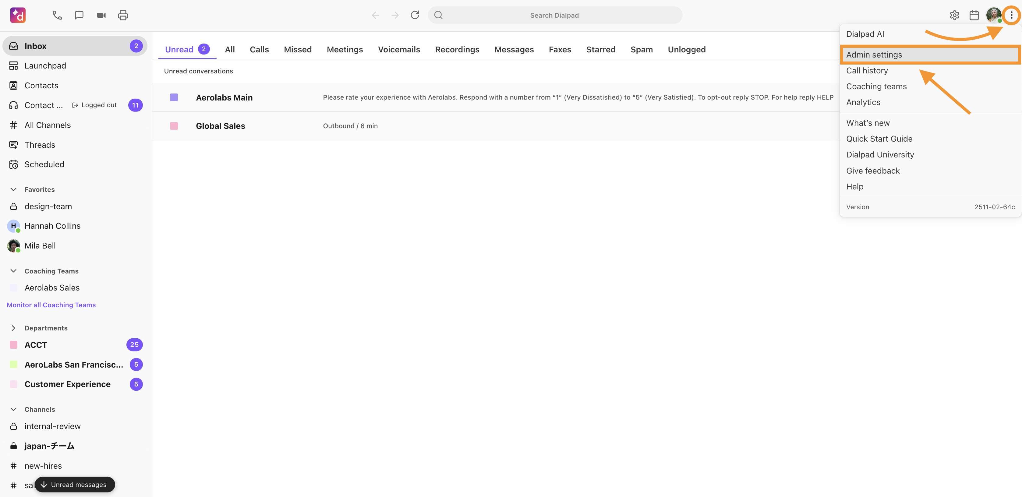 View of the main Dialpad App. The Options menu is displayed, highlighting the option to access Admin Settings.