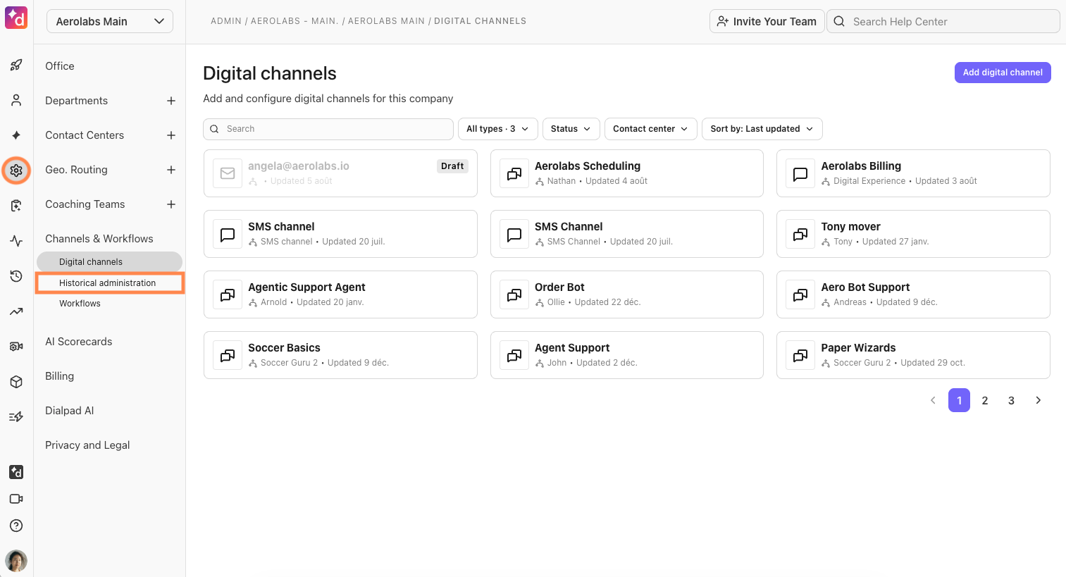 Overview of digital channels with highlighted historical administration section for configuration.