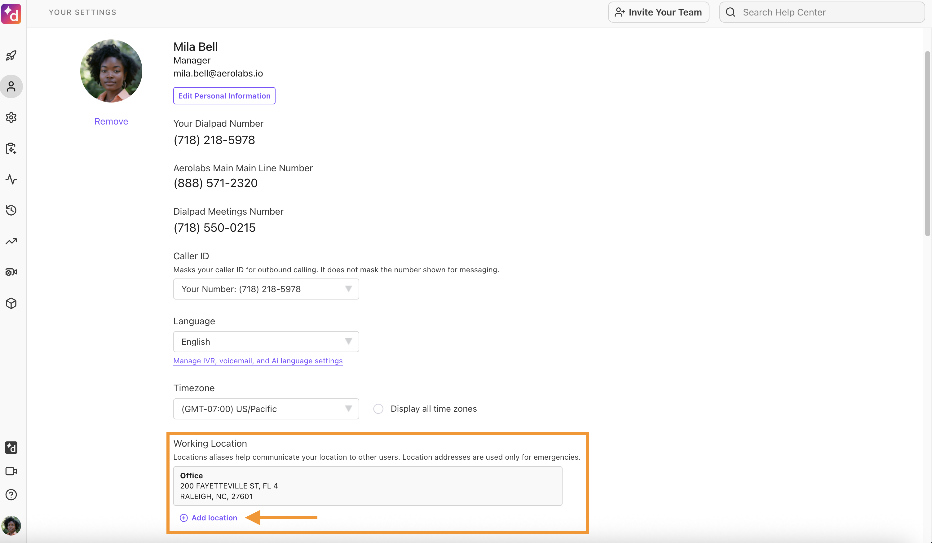 Your Settings page, showing the option to add a working location to a user's account profile.