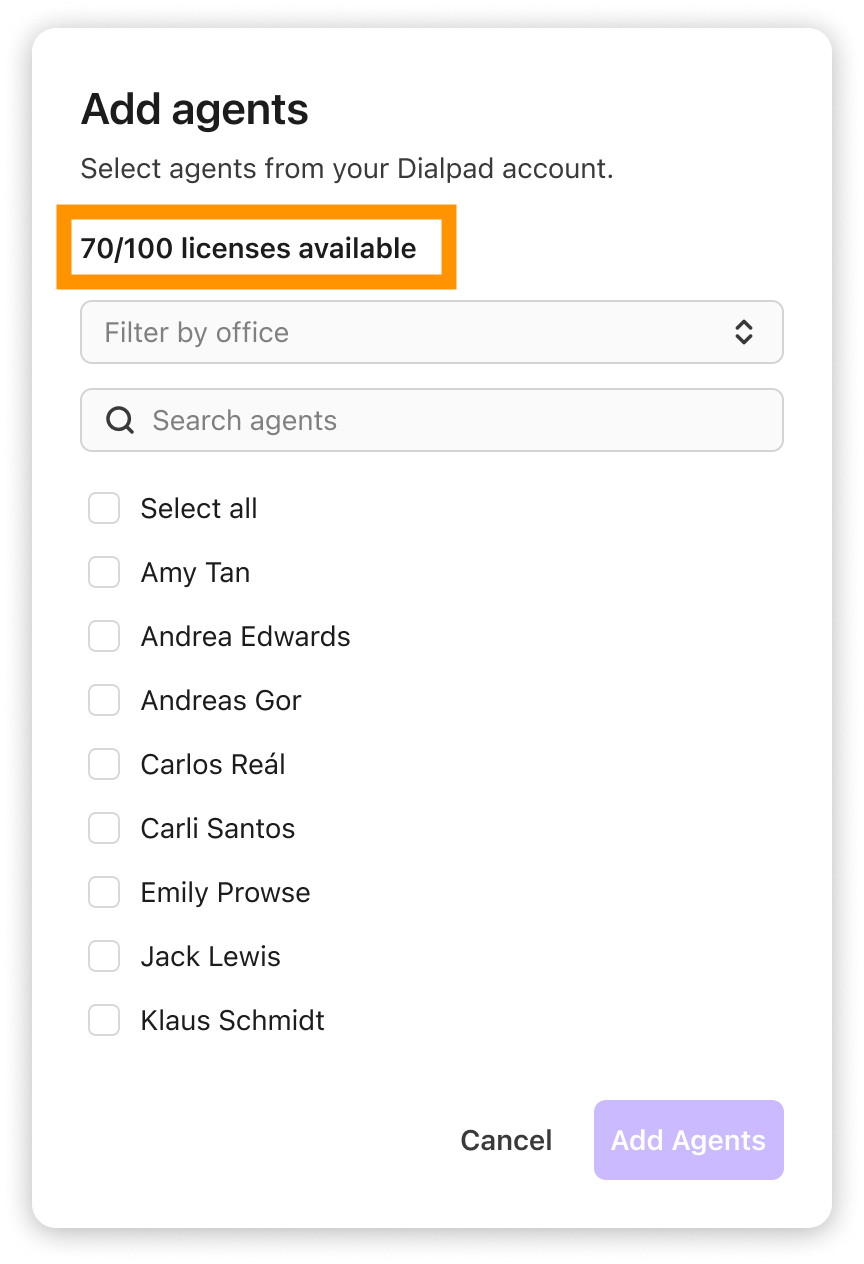 The license count is displayed in the add agent modal