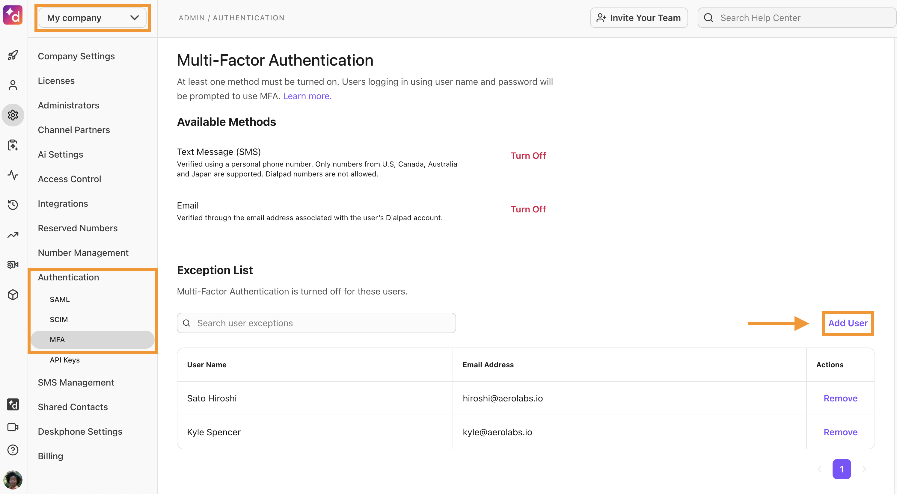 Admin Settings for the company. The Authentication for MFA shows the option to add a user to the Exception List.