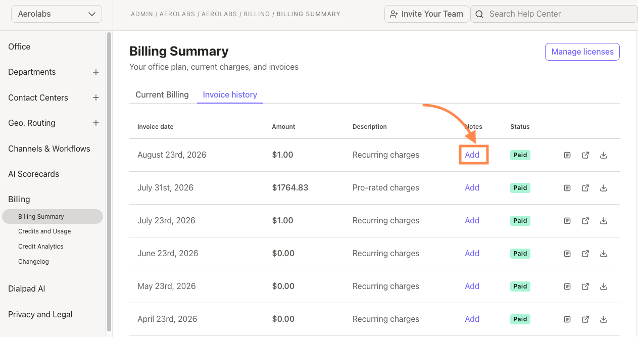 Billing summary showing invoice dates, amounts, and options to add notes.