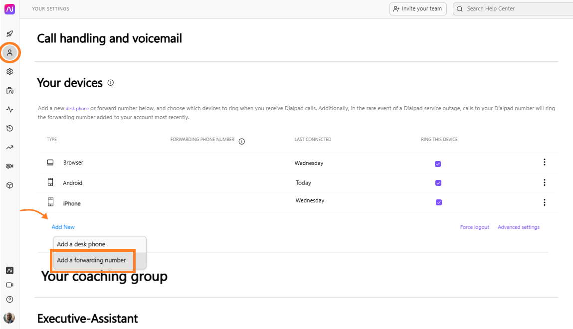 Settings page showing options to add devices and forwarding numbers for calls.