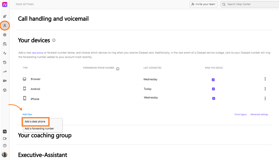 Settings page showing options to add devices and manage call handling features.