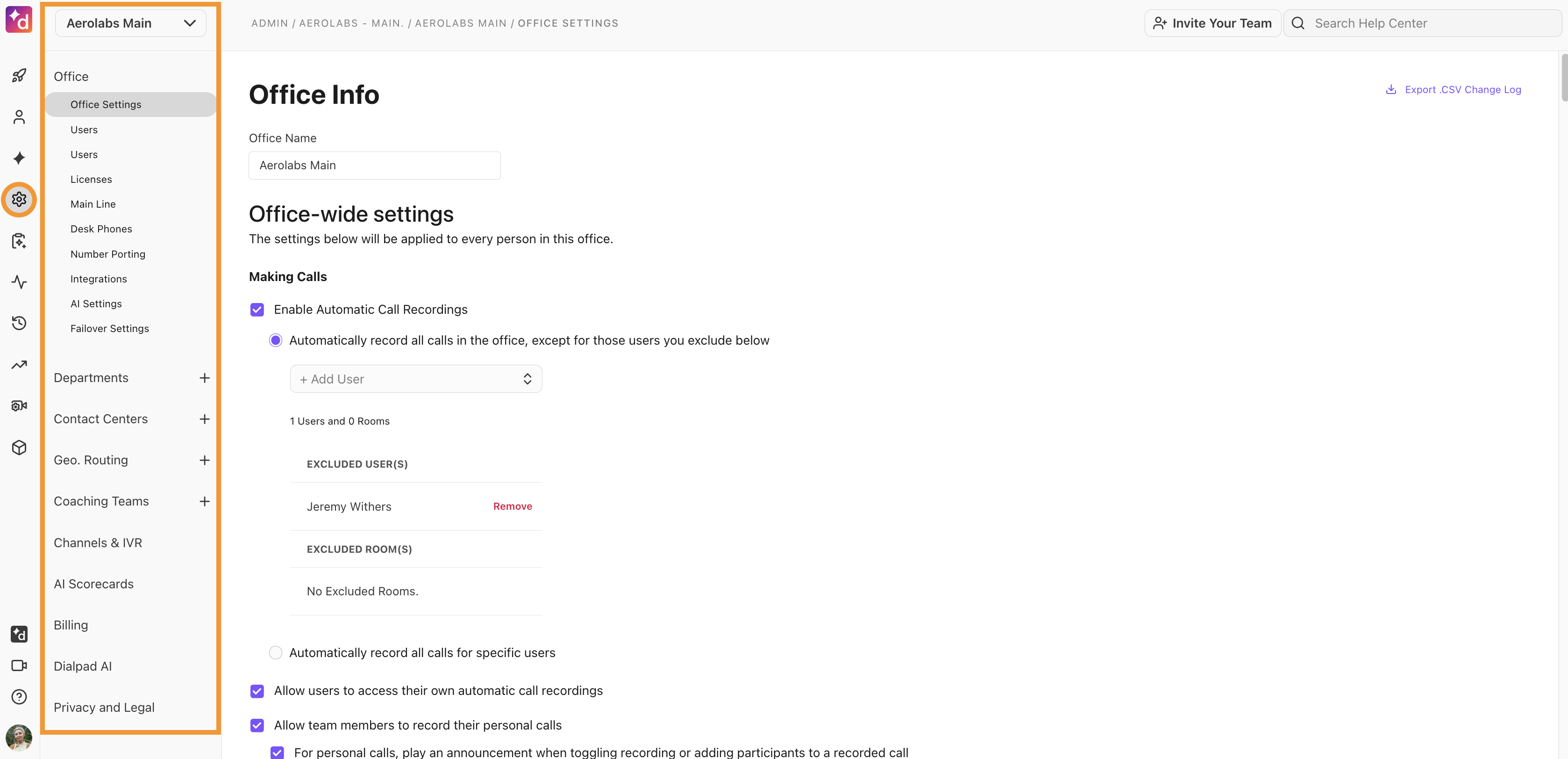 A view of the Admin Settings page. The page opens on the Office Settings tab by default.