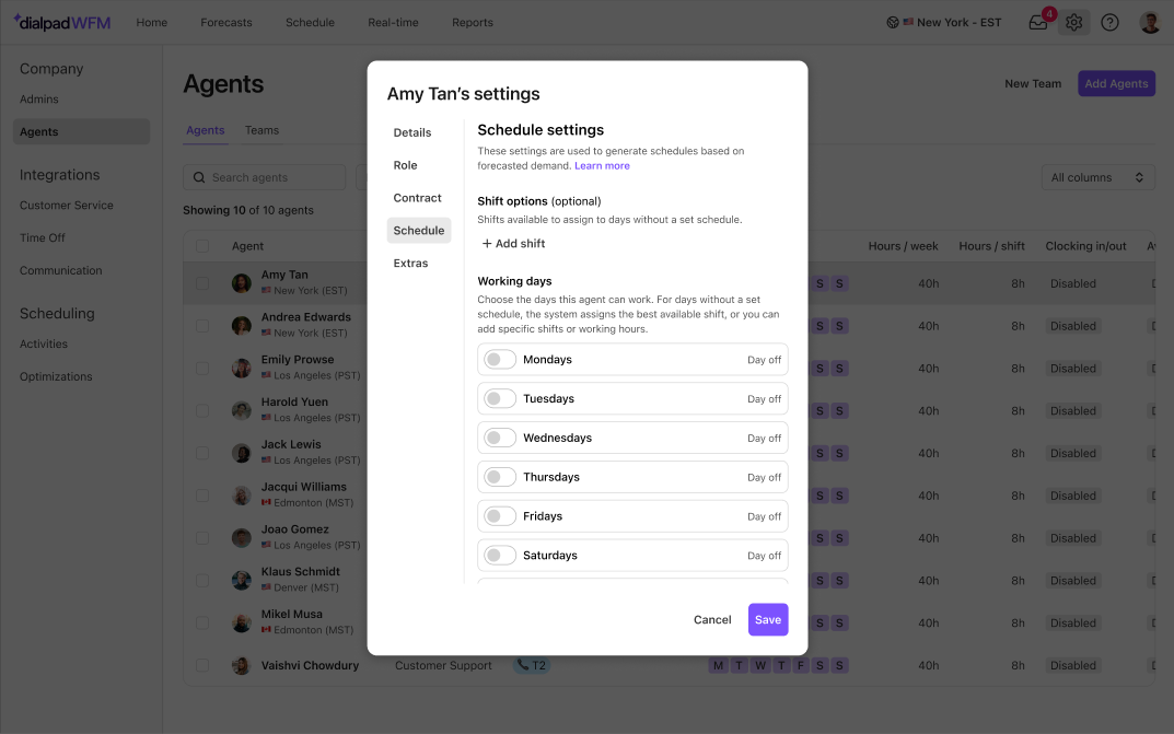 Settings for agent Amy Tan, including schedule options and working days selection.