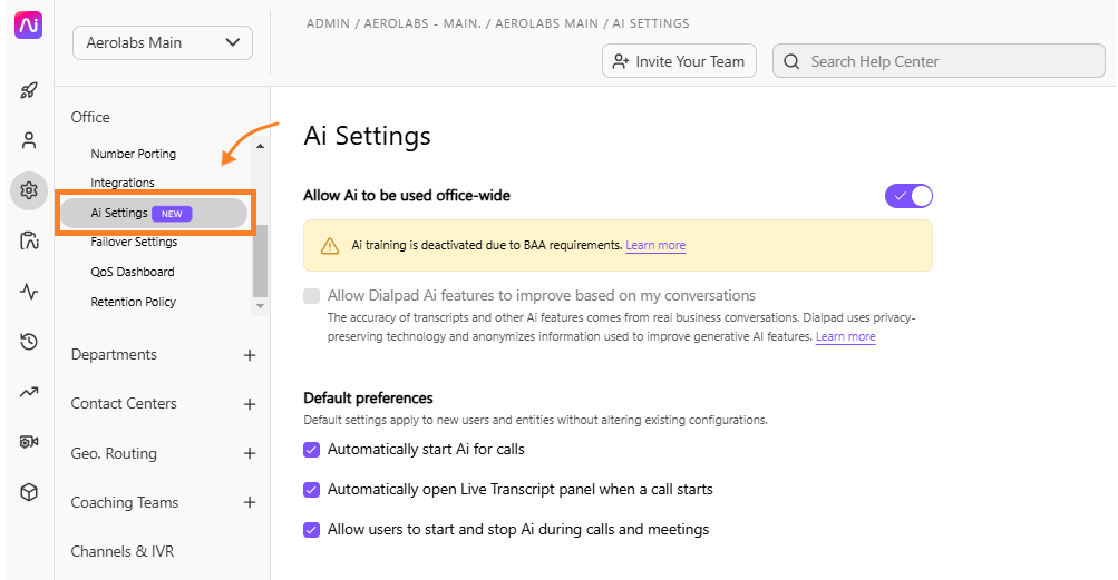 Settings page showing AI options and integration features for user preferences.