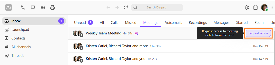 Meeting details with options to request access and view upcoming meetings.