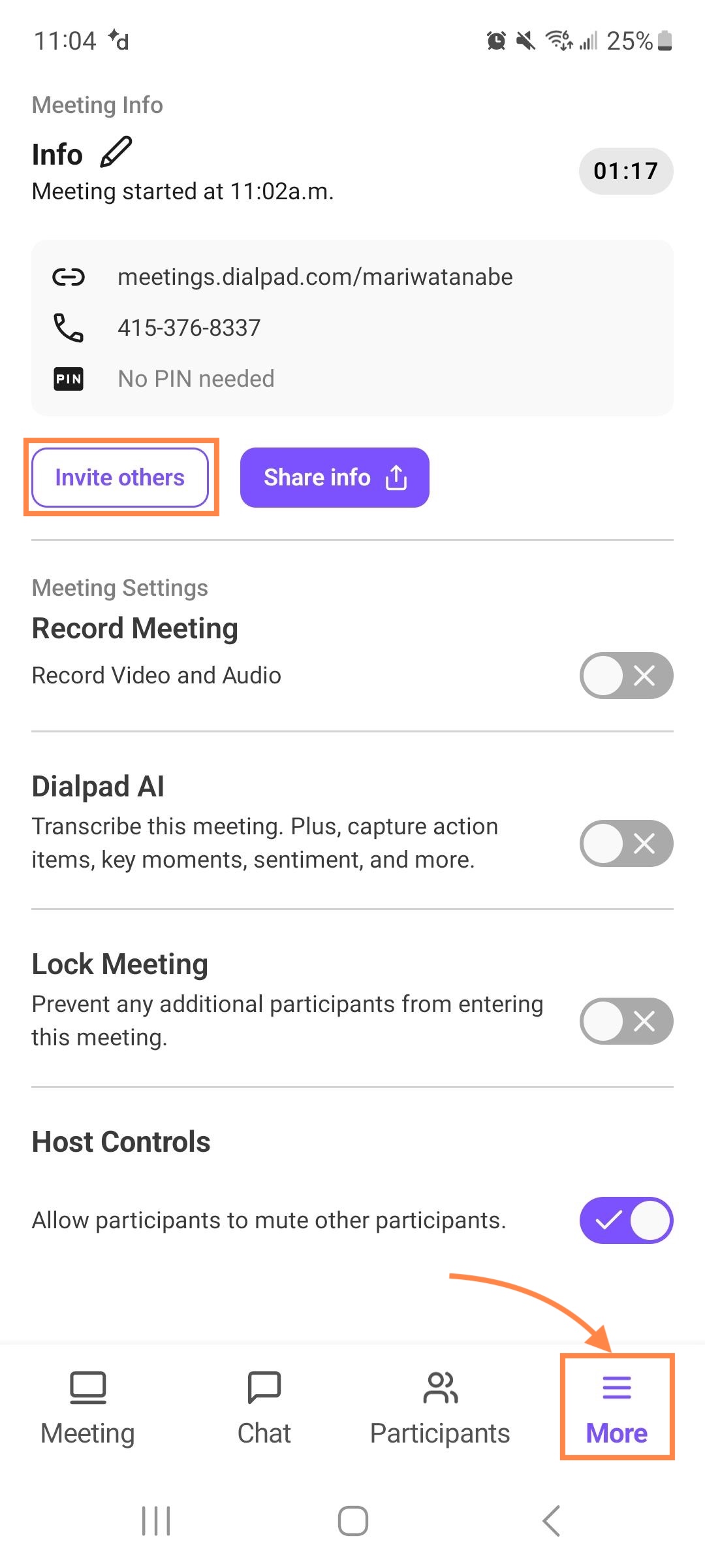 Inviting participants during a meeting in Dialpad Meetings for Android