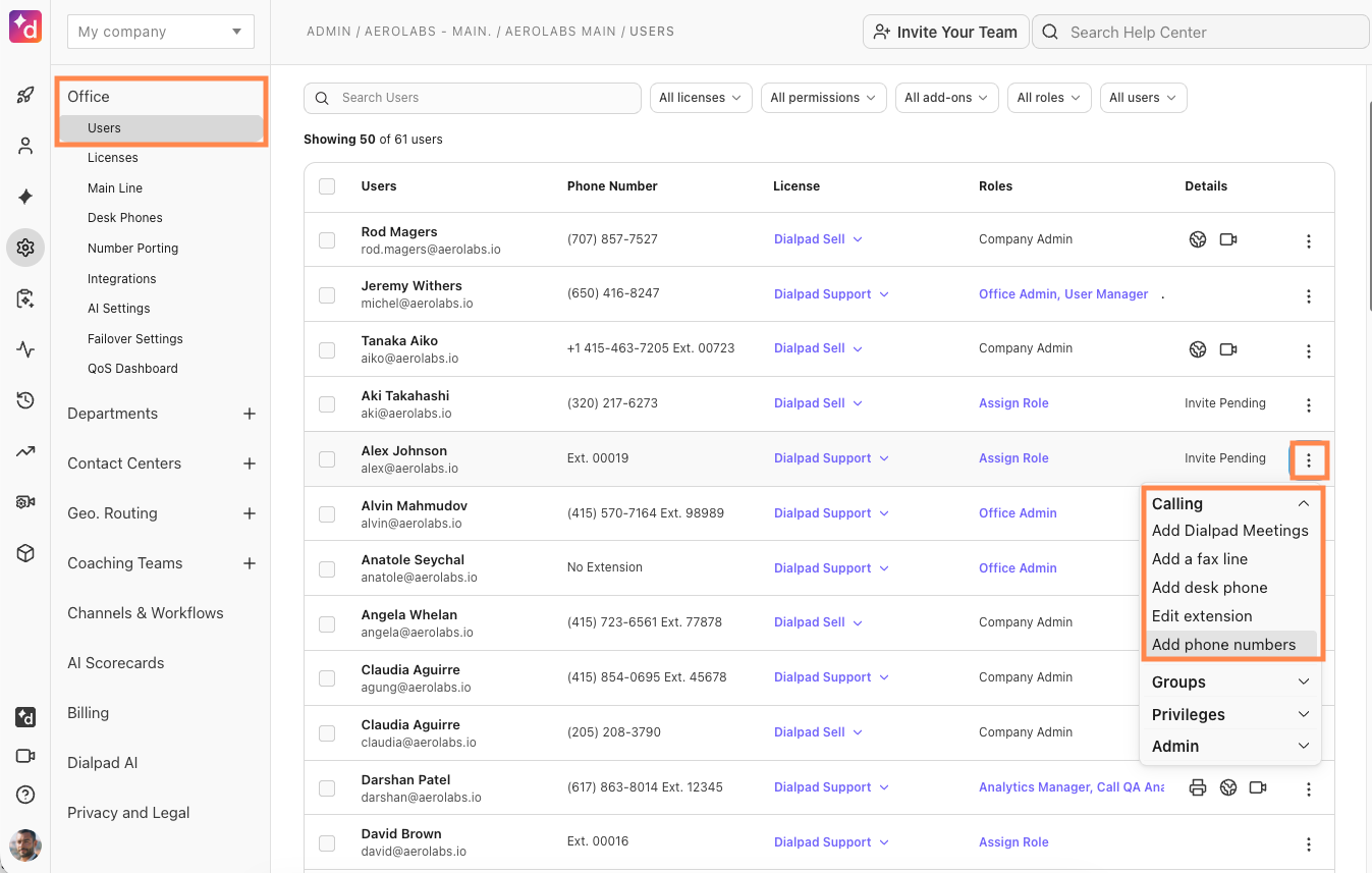 Assign phone numbers to users
