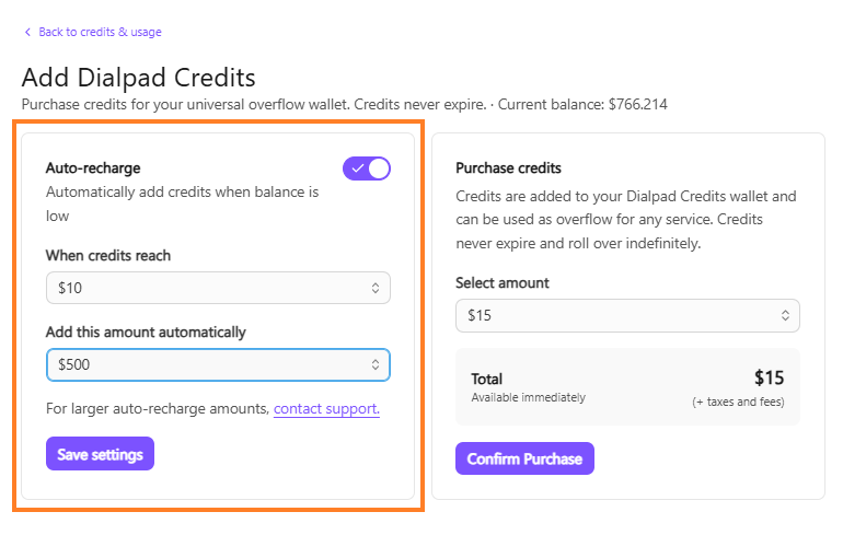 Settings for auto-recharge and credit purchase on Dialpad Credits interface.