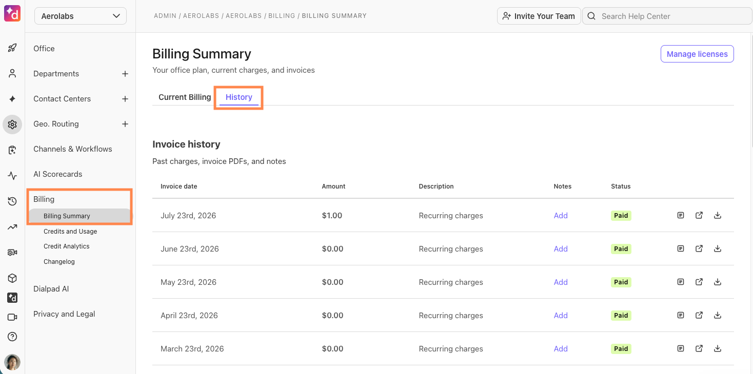 Billing summary showing invoice history, amounts, and payment statuses for various dates.