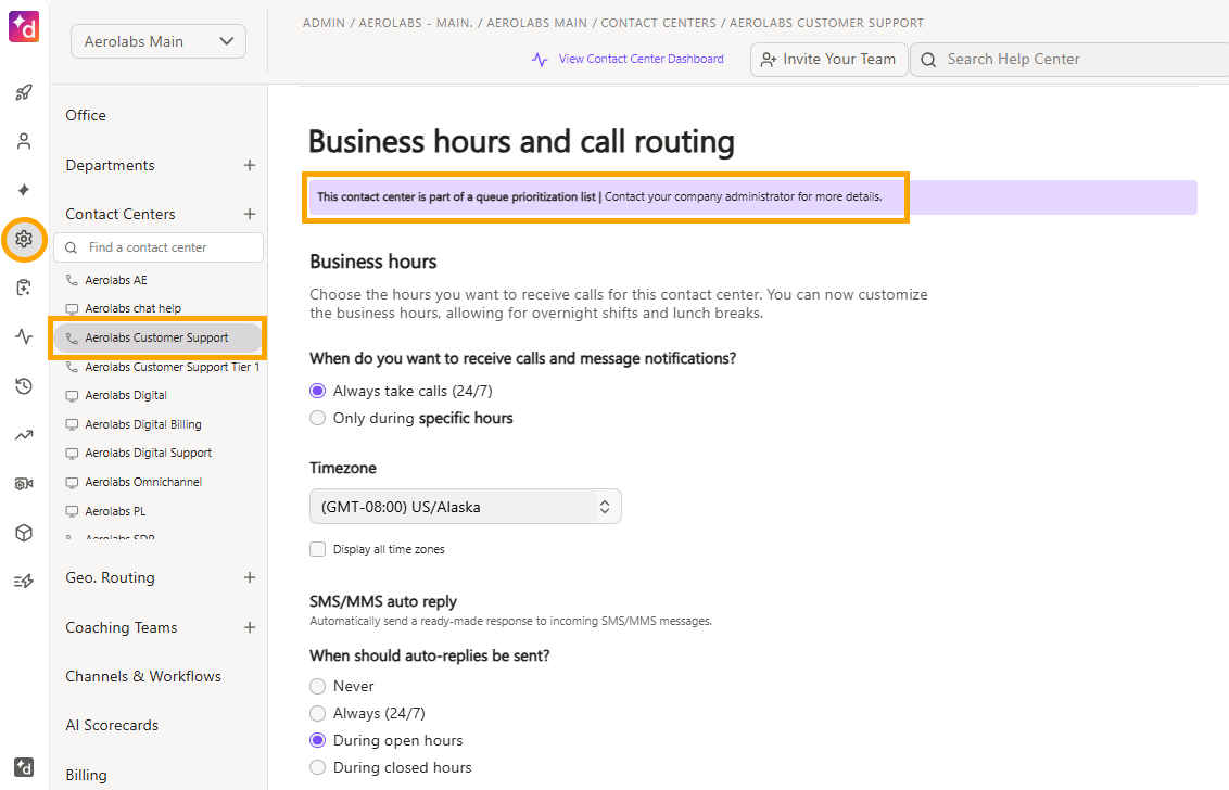 Business hours and call routing settings for Aerolabs Customer Support contact center.